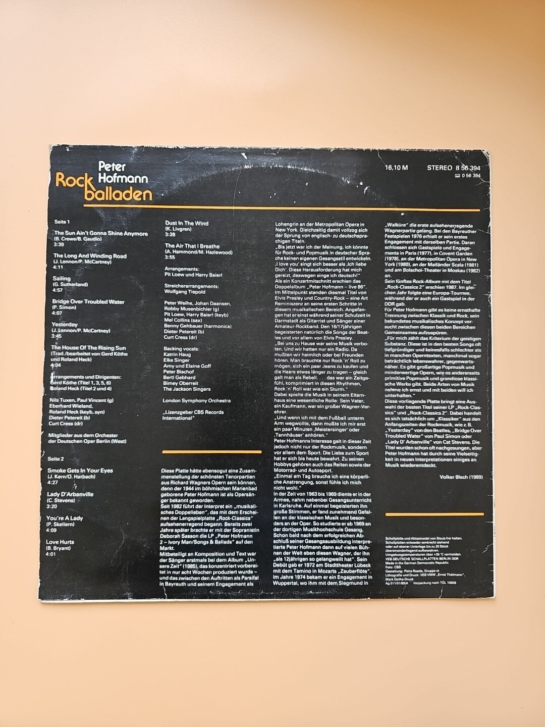 LP Peter Hofmann Rock Balladen Sailing Yesterday AMIGA DDR Vinyl 8 56 394. 2581