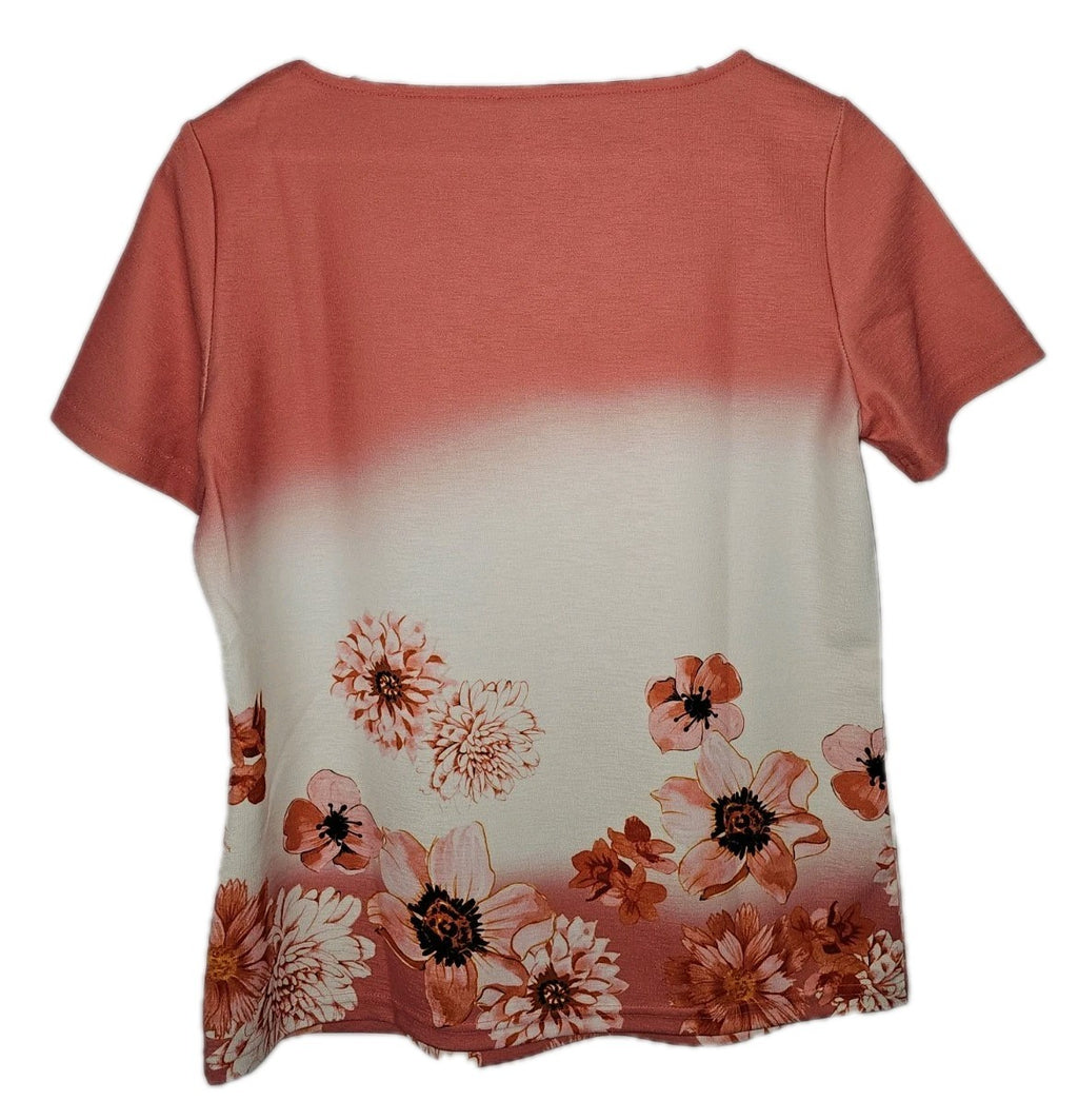 EK10286 Damen T-Shirt, Lachsfarbend mit Blumenmuster, Gr.M (nach Größentabelle) 1