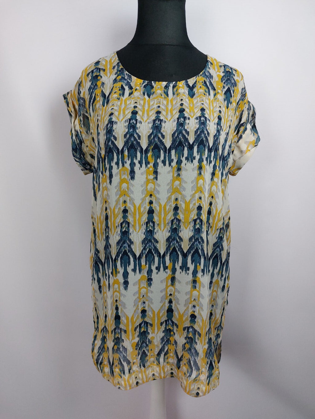 EK4249 Damen Bluse, blau/gelb/beige gemustert, Gr. XL0