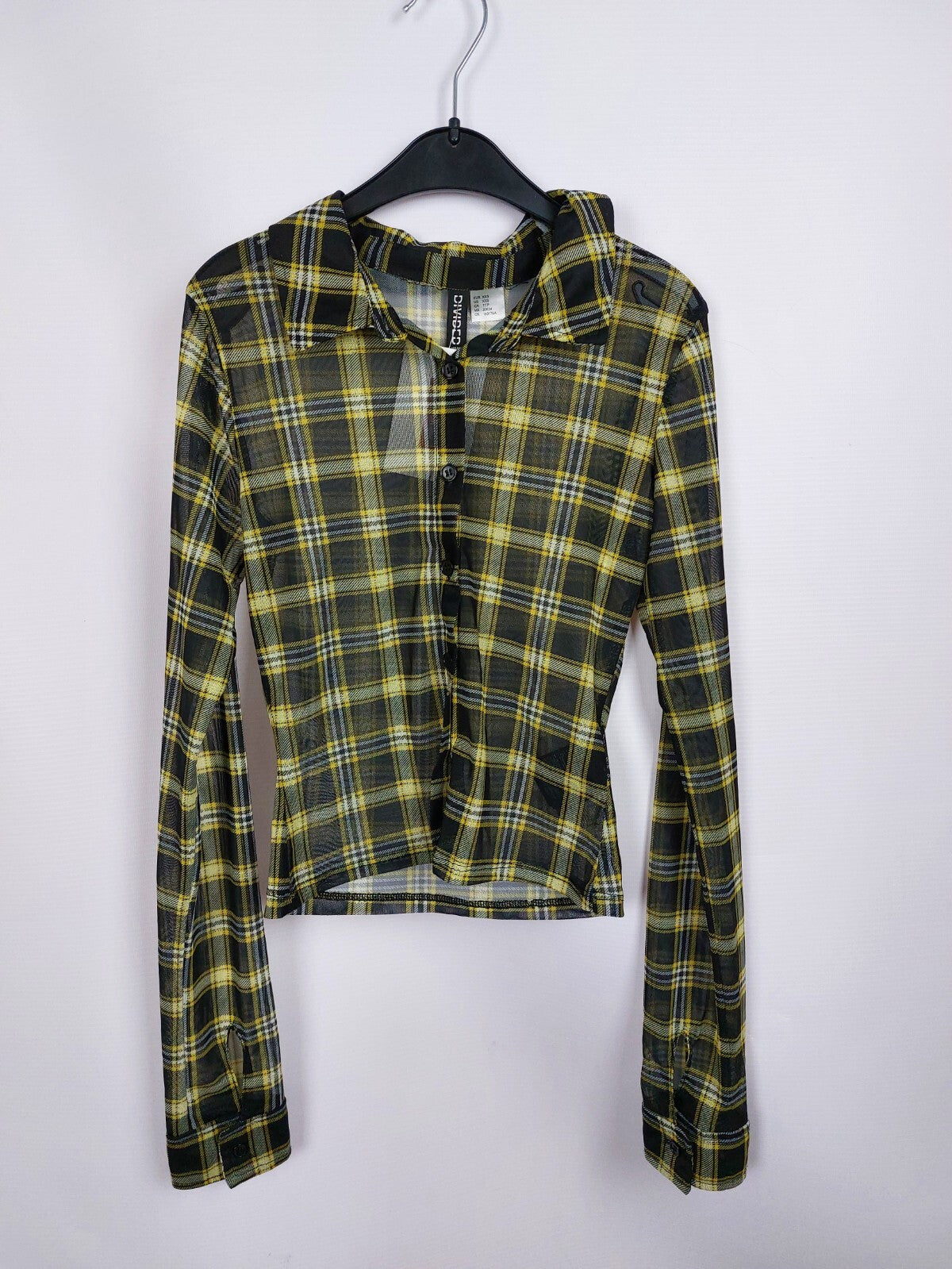 EK5023 Damen Bluse von H&M, schwarz/gelb kariert, Gr. XXS0
