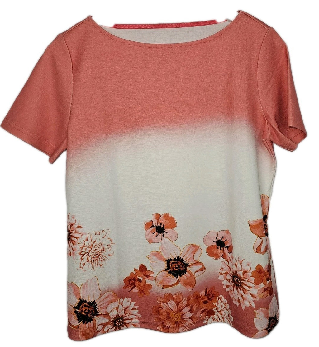 EK10286 Damen T-Shirt, Lachsfarbend mit Blumenmuster, Gr.M (nach Größentabelle) 0