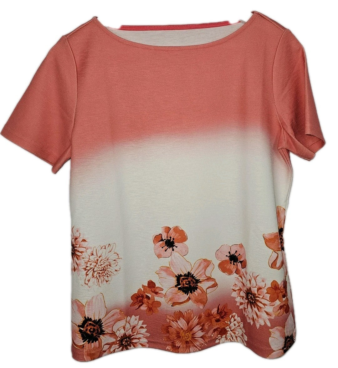 EK10286 Damen T-Shirt, Lachsfarbend mit Blumenmuster, Gr.M (nach Größentabelle) 0