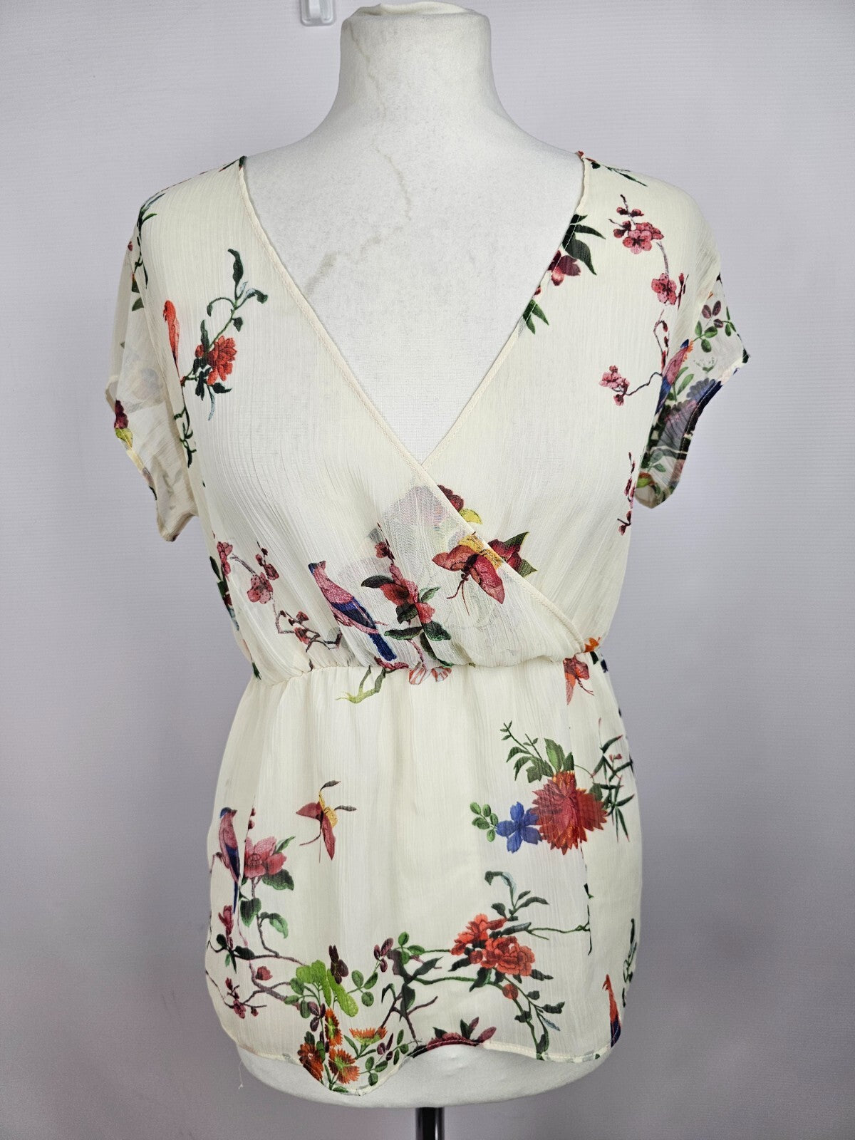 EK5475 Damen Bluse von Zara Trafaluc, beige mit Blumen, Gr. XS0