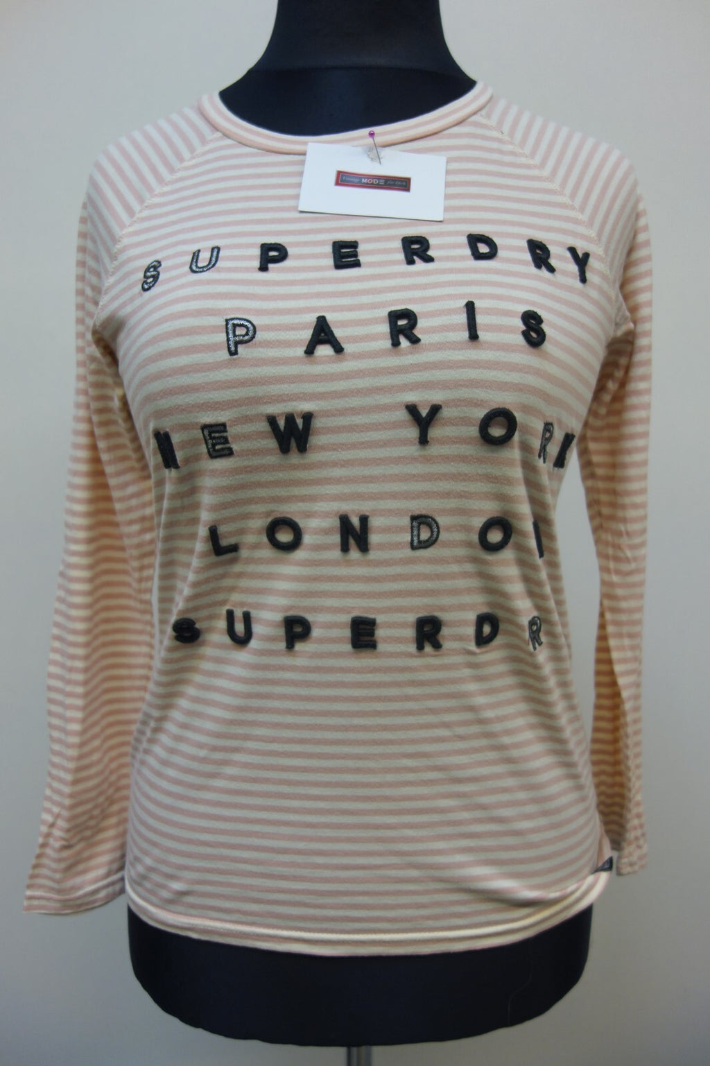 EK2414 Damen Oberteil von Superdry Größe M rosa, weiß gestreift0