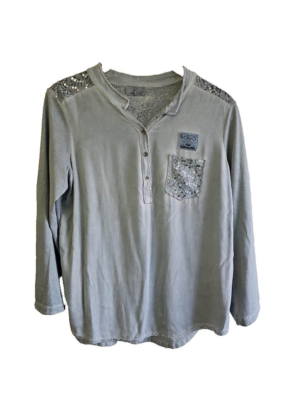 EK 2988 Damen Shirt/Bluse mit Glitzer und Spitze  Grau Boho Gr 42 wie neu0